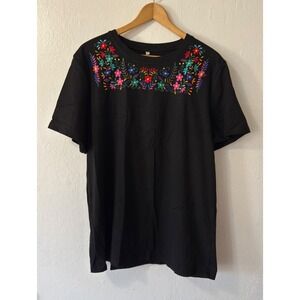 VILOVE‎ Womens Black Embroidered Floral T Shirt Colorful Short Sleeve Top XL